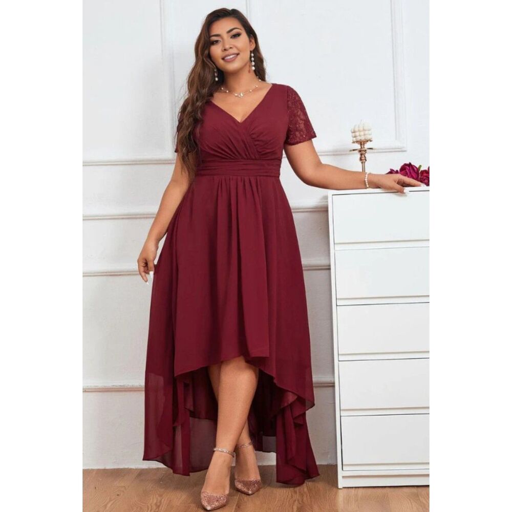 Lacy Sequined Burgundy Plus Sz 20 Lined Chiffon High Low Flowy Dress SHEIN CURVE